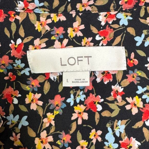 Loft Top Womens Large Black Ditsy Flower Print V Neck Long Balloon Sleeve Fall - Picture 4 of 12